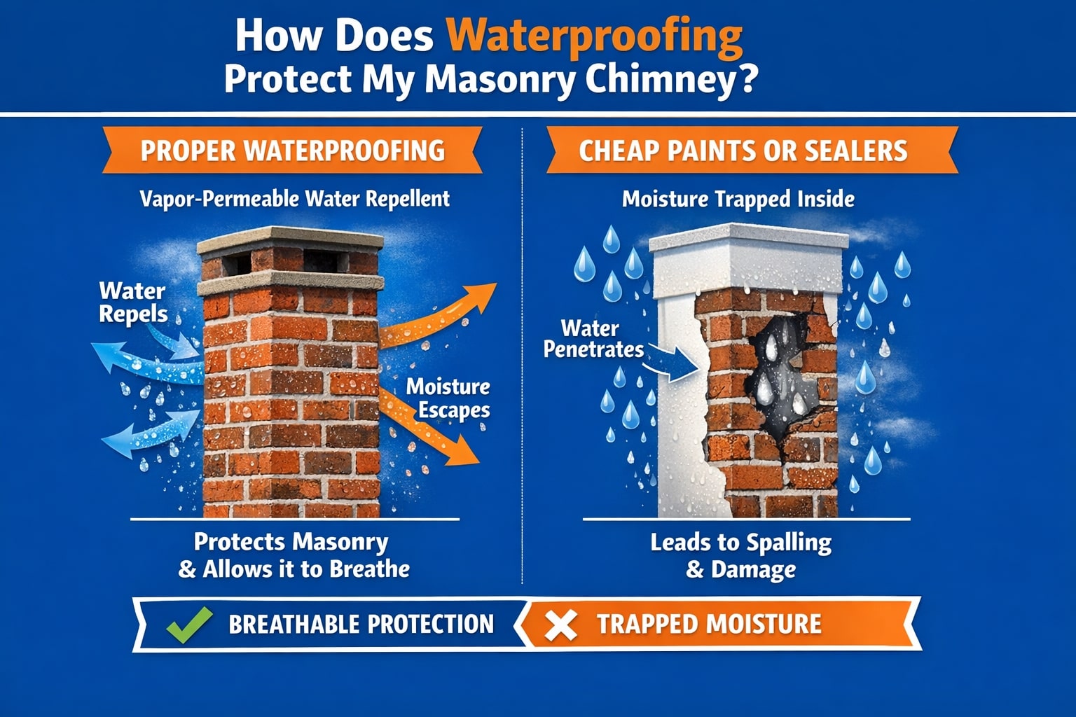original infographic comparing proper waterproofing versus cheap paints or sealers on a masonry chimney, set on a blue background with a bold headline reading “How Does Waterproofing Protect My Masonry Chimney?” with the word “Waterproofing” highlighted in orange; the left side labeled “Proper Waterproofing” shows a red brick chimney with a gray cap and arrows indicating water repelling outward and moisture escaping, accompanied by text stating “Vapor-Permeable Water Repellent,” “Water Repels,” “Moisture Escapes,” and “Protects Masonry & Allows it to Breathe,” visually reinforced by a green checkmark and the phrase “Breathable Protection,” while the right side labeled “Cheap Paints or Sealers” shows a damaged brick chimney coated in white with cracks and dark interior moisture, surrounded by dripping water droplets and arrows showing water penetration, with text reading “Moisture Trapped Inside,” “Water Penetrates,” and “Leads to Spalling & Damage,” reinforced by an orange X and the phrase “Trapped Moisture,” emphasizing the contrast between breathable protection and moisture-related damage.